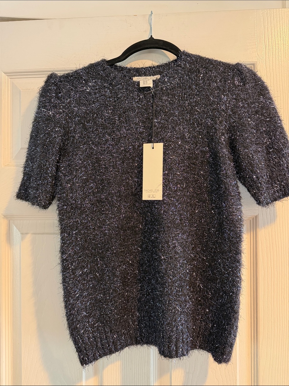 Rachel Zoe Metallic Navy & Silver Short-Sleeve Crew Sweater